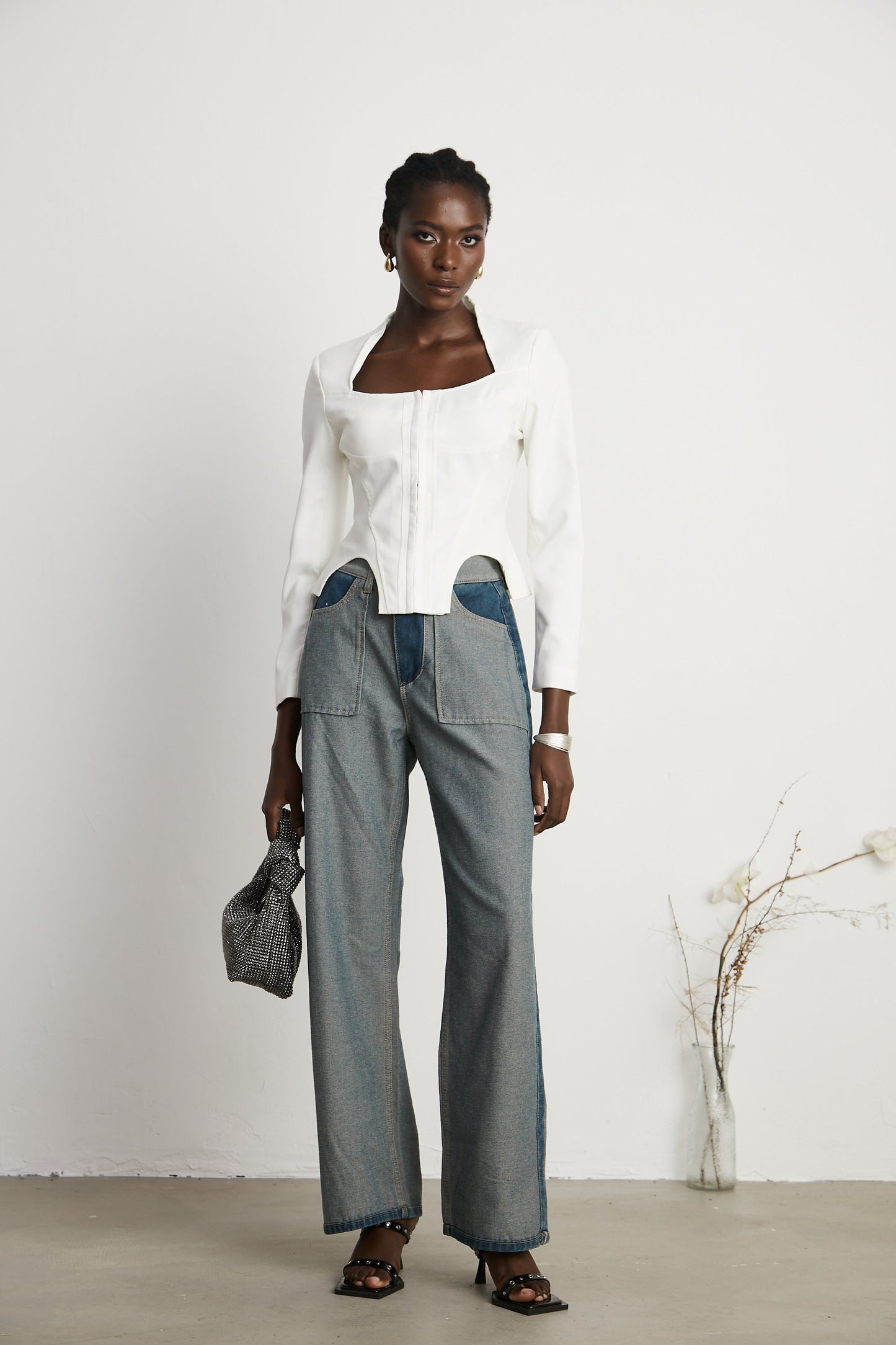 Yvette white long-sleeved corset top