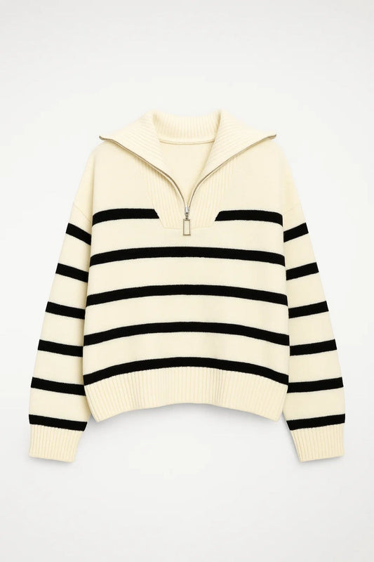 Harriet Zip-Collar Striped Knit Sweater
